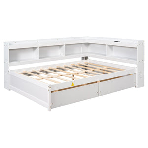 English Elm Full Platform Bed with L-shaped Bookcase Built-in Power Outlets and Storage Drawers White W504S00340