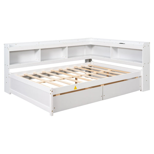 English Elm Full Platform Bed with L-shaped Bookcase Built-in Power Outlets and Storage Drawers White W504S00340