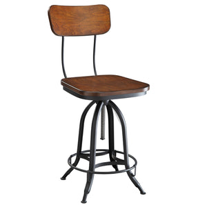 Homeroots Chestnut And Black Solid Wood And Steel Adjustable Height Swivel Bar Chair   516122