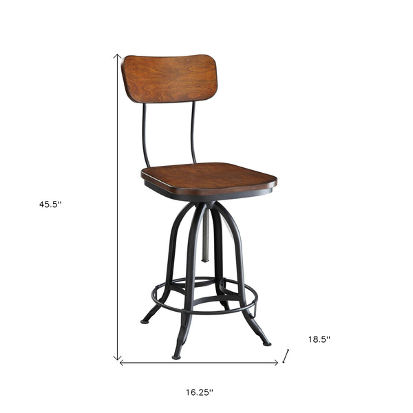 Homeroots Chestnut And Black Solid Wood And Steel Adjustable Height Swivel Bar Chair   516122