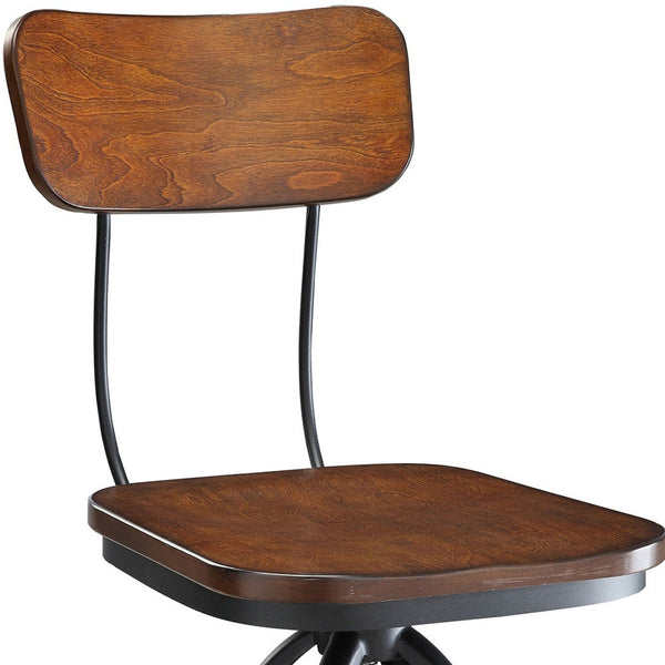Homeroots Chestnut And Black Solid Wood And Steel Adjustable Height Swivel Bar Chair   516122