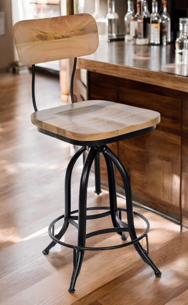 HomeRoots Brown Solid Wood and Black Steel Swivel Bar Chair - Modern Counter Height for Stylish Comfort 516123