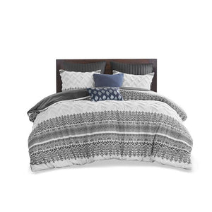 English Elm Full/Queen Mila 3-Piece Cotton Duvet Cover Set with Gray Botanical Print & Chevron Chenille Tufting, Reversible Comfortable Design B03596501