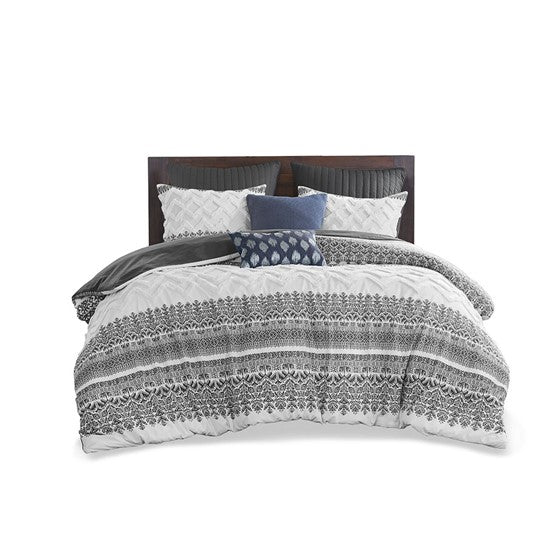 English Elm Full/Queen Mila 3-Piece Cotton Duvet Cover Set with Gray Botanical Print & Chevron Chenille Tufting, Reversible Comfortable Design B03596501