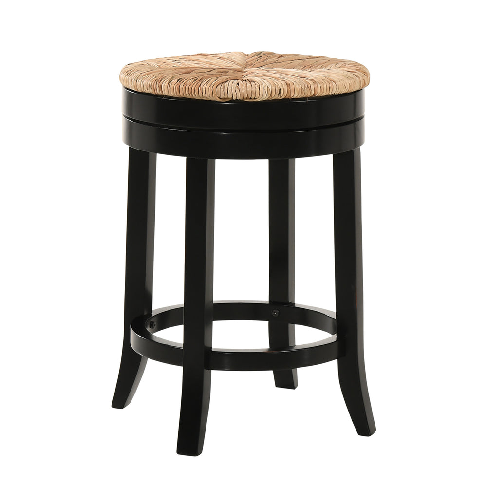 Homeroots 24" Natural And Black Rush And Solid Wood Backless Counter Height Swivel Bar Chair   516129