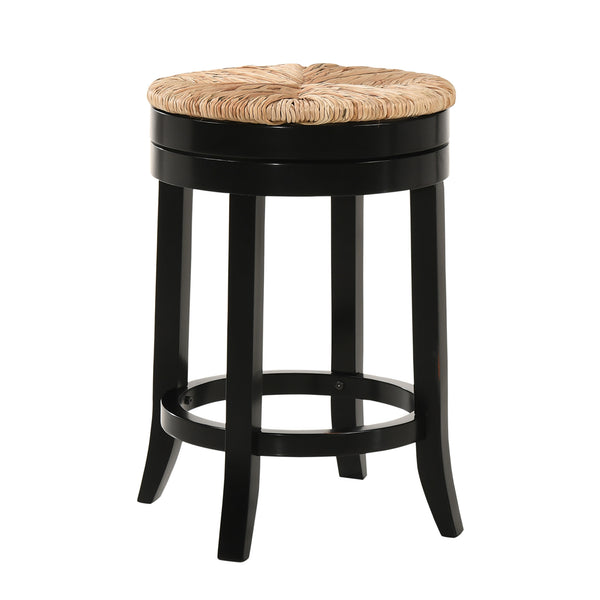 Homeroots 24" Natural And Black Rush And Solid Wood Backless Counter Height Swivel Bar Chair   516129