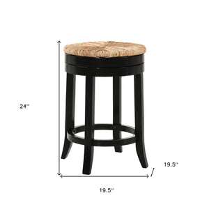 Homeroots 24" Natural And Black Rush And Solid Wood Backless Counter Height Swivel Bar Chair   516129