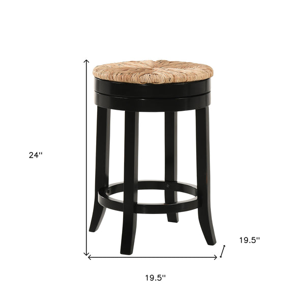 Homeroots 24" Natural And Black Rush And Solid Wood Backless Counter Height Swivel Bar Chair   516129