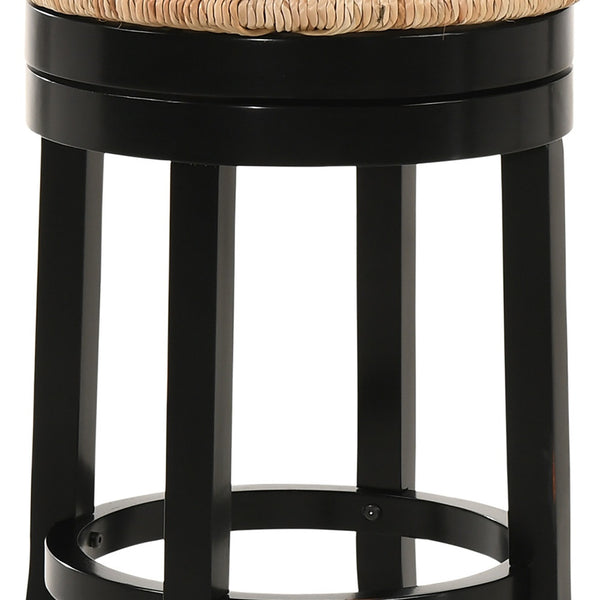 Homeroots 24" Natural And Black Rush And Solid Wood Backless Counter Height Swivel Bar Chair   516129