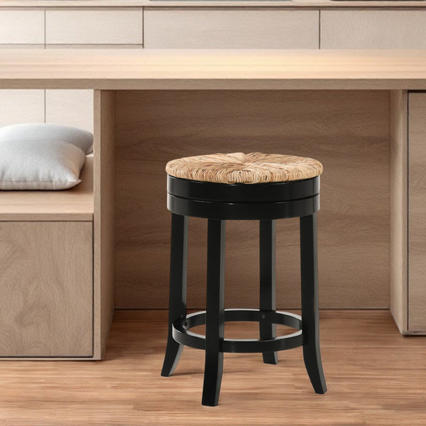 Homeroots 24" Natural And Black Rush And Solid Wood Backless Counter Height Swivel Bar Chair   516129