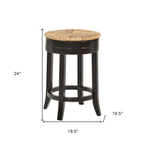 Homeroots 24" Natural And Espresso Rush And Solid Wood Backless Counter Height Swivel Bar Chair   516130