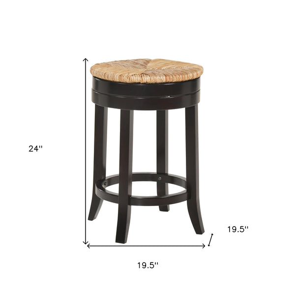 Homeroots 24" Natural And Espresso Rush And Solid Wood Backless Counter Height Swivel Bar Chair   516130