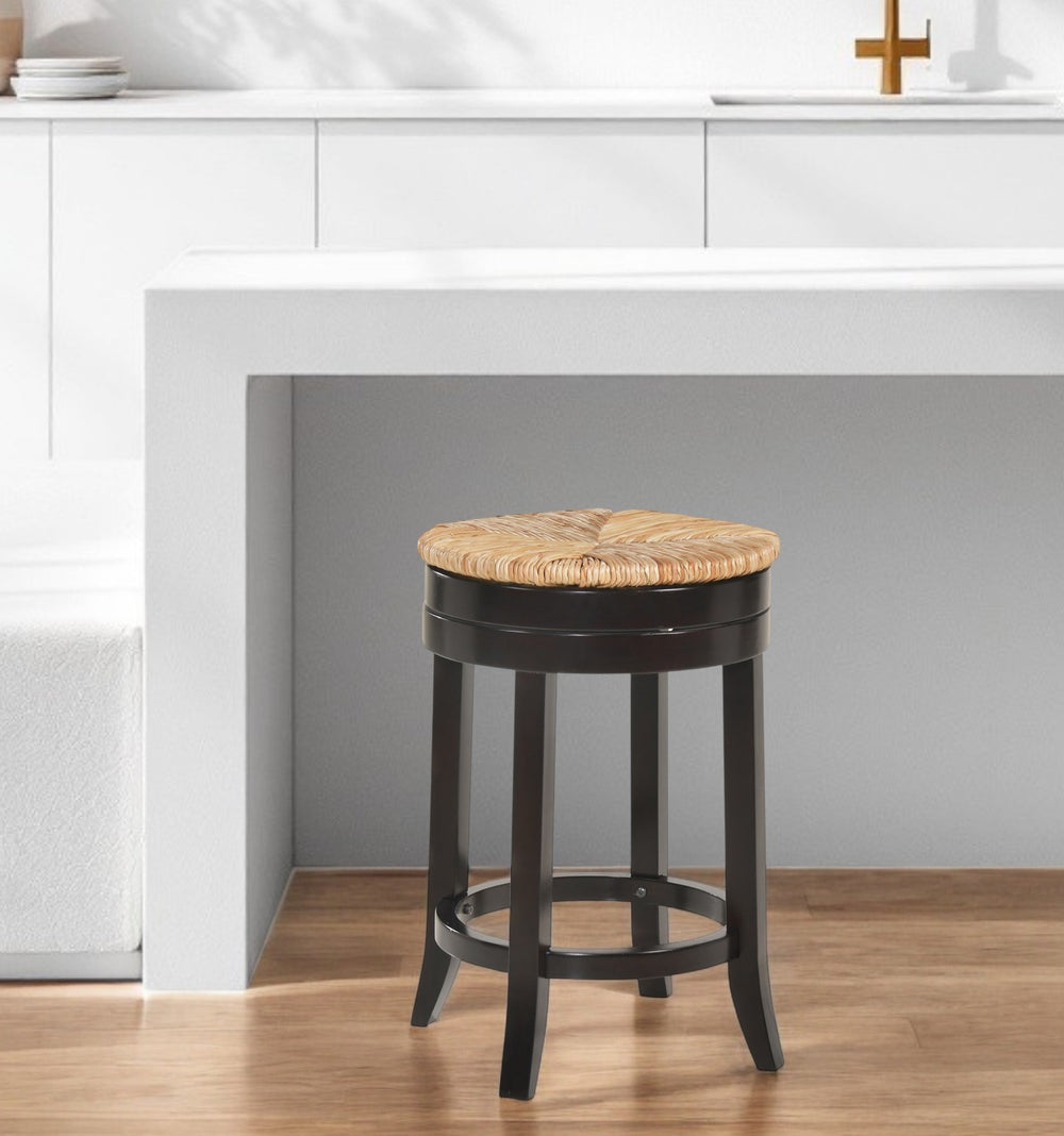 Homeroots 24" Natural And Espresso Rush And Solid Wood Backless Counter Height Swivel Bar Chair   516130