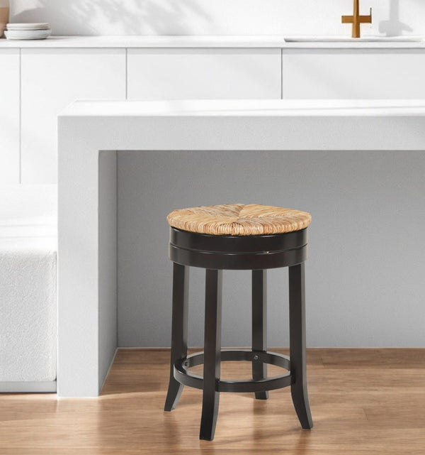 Homeroots 24" Natural And Espresso Rush And Solid Wood Backless Counter Height Swivel Bar Chair   516130