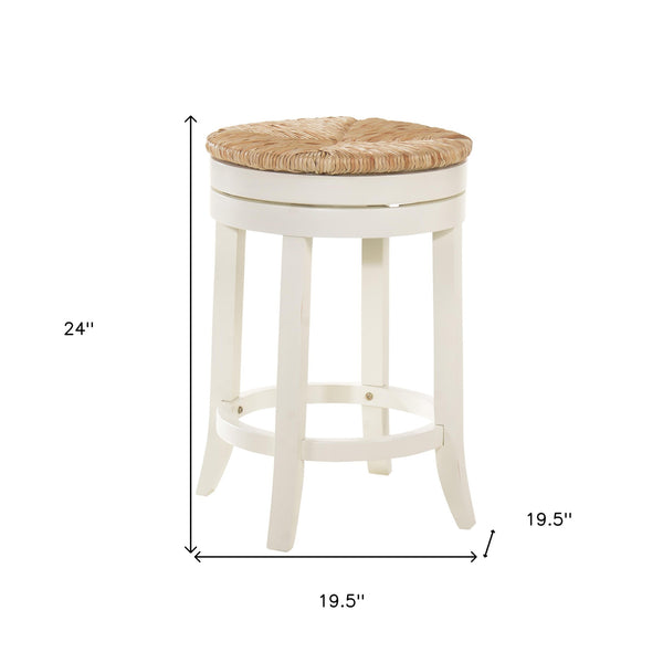 Homeroots 24" Natural And Antiqued White Solid Wood Swivel Backless Counter Height Bar Chair   516131