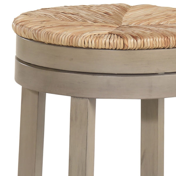HomeRoots 24" Natural & Gray Rush Backless Swivel Bar Chair - Stylish Solid Wood Design for Modern Spaces 516132