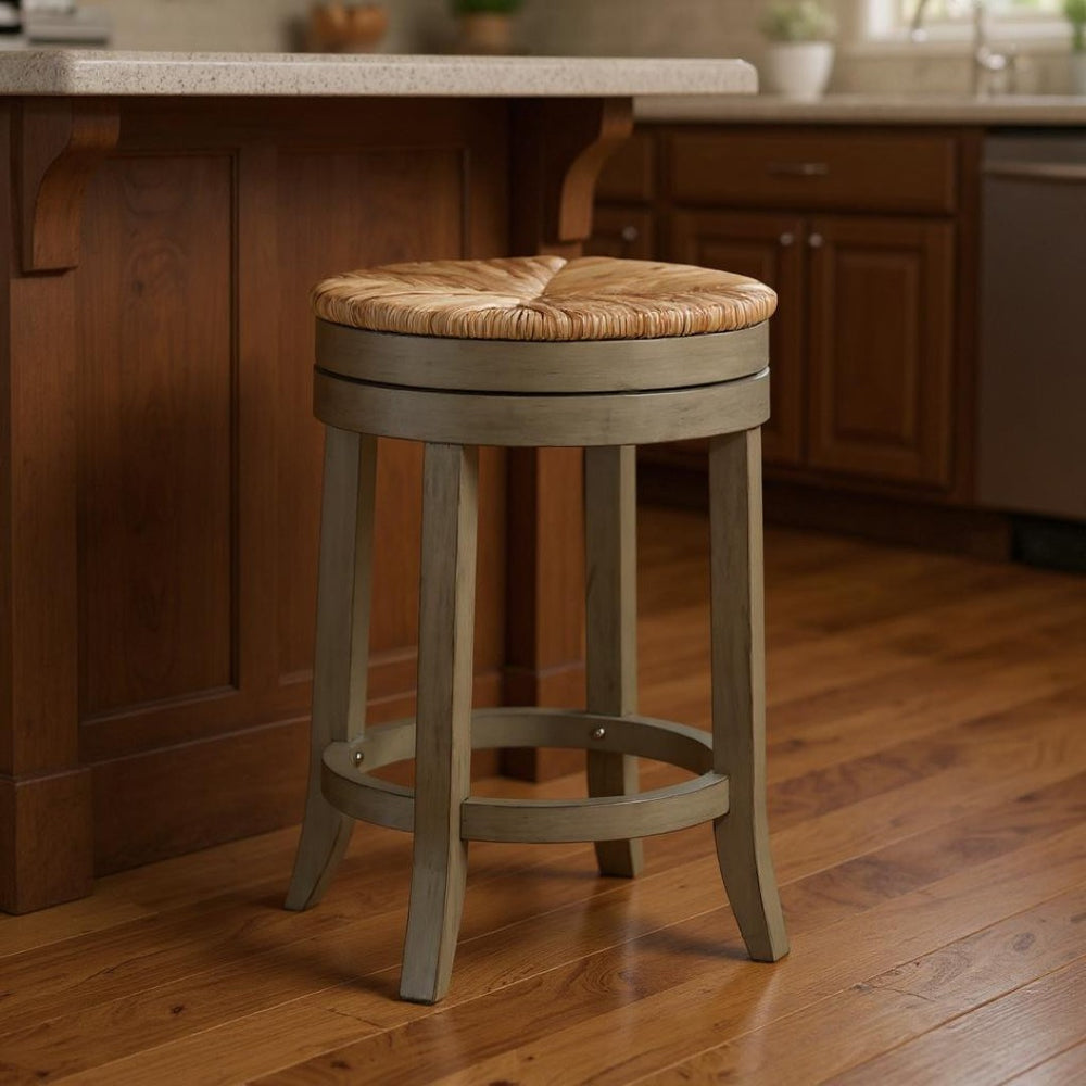 HomeRoots 24" Natural & Gray Rush Backless Swivel Bar Chair - Stylish Solid Wood Design for Modern Spaces 516132