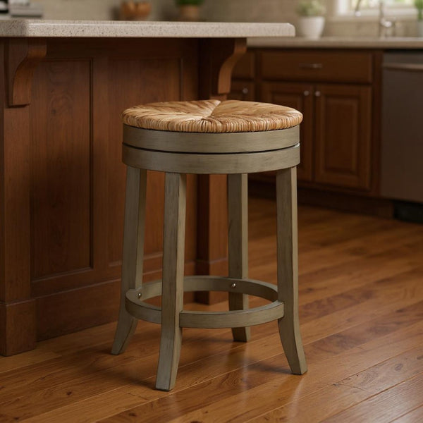 HomeRoots 24" Natural & Gray Rush Backless Swivel Bar Chair - Stylish Solid Wood Design for Modern Spaces 516132