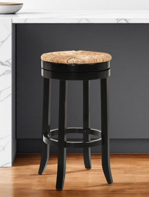 Homeroots 30" Natural And Black Solid Wood Swivel Backless Bar Height Bar Chair   516133