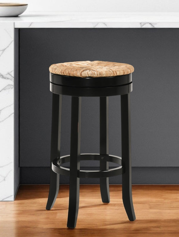 Homeroots 30" Natural And Black Solid Wood Swivel Backless Bar Height Bar Chair   516133