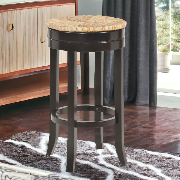 Homeroots 30" Natural And Espresso Solid Wood Swivel Backless Bar Height Bar Chair   516134