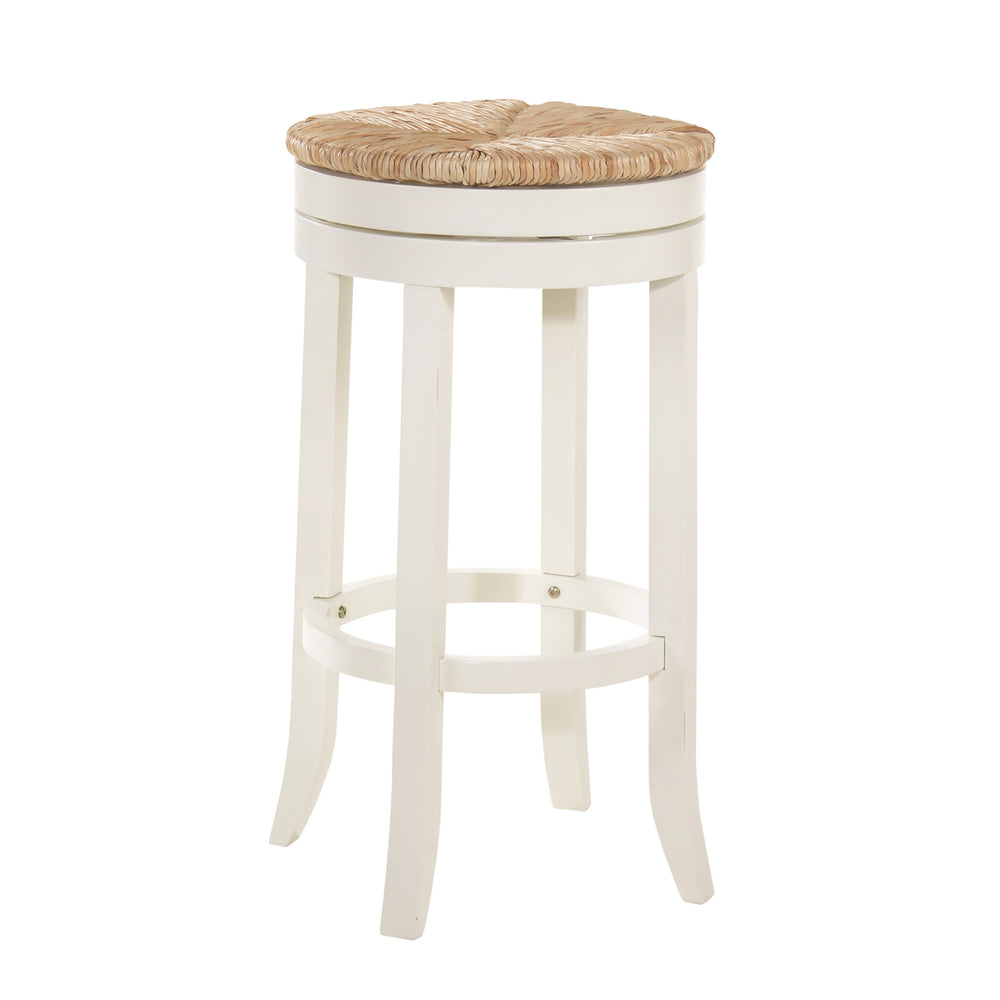 Homeroots 30" Natural And Antiqued White Solid Wood Swivel Backless Bar Height Bar Chair   516135