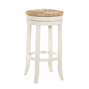 Homeroots 30" Natural And Antiqued White Solid Wood Swivel Backless Bar Height Bar Chair   516135