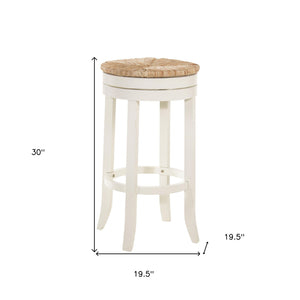 Homeroots 30" Natural And Antiqued White Solid Wood Swivel Backless Bar Height Bar Chair   516135