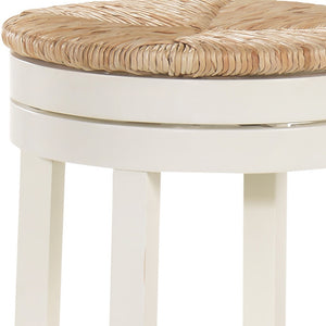 Homeroots 30" Natural And Antiqued White Solid Wood Swivel Backless Bar Height Bar Chair   516135