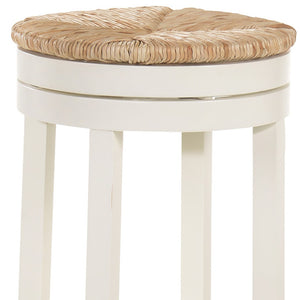 Homeroots 30" Natural And Antiqued White Solid Wood Swivel Backless Bar Height Bar Chair   516135