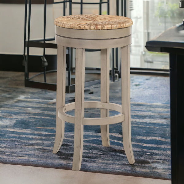 Homeroots 30" Natural And Gray Solid Wood Swivel Backless Bar Height Bar Chair   516136