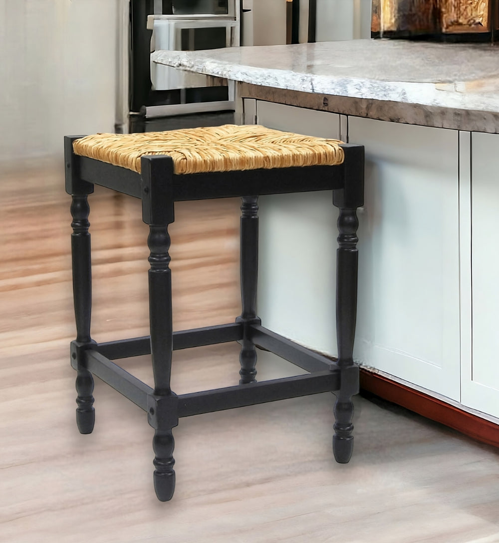 Homeroots 24" Natural And Black Solid Wood Backless Counter Height Bar Chair   516137