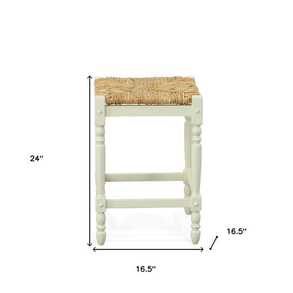 Homeroots 24" Natural And Antiqued White Solid Wood Backless Counter Height Bar Chair   516139