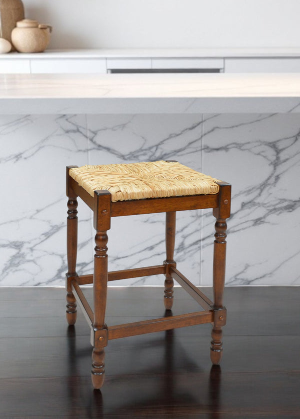 Homeroots 24" Natural And Chestnut Solid Wood Backless Counter Height Bar Chair   516140