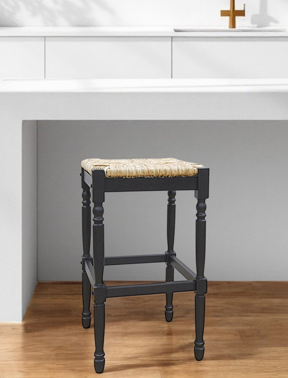 Homeroots 29" Natural And Black Solid Wood Backless Bar Height Bar Chair   516143