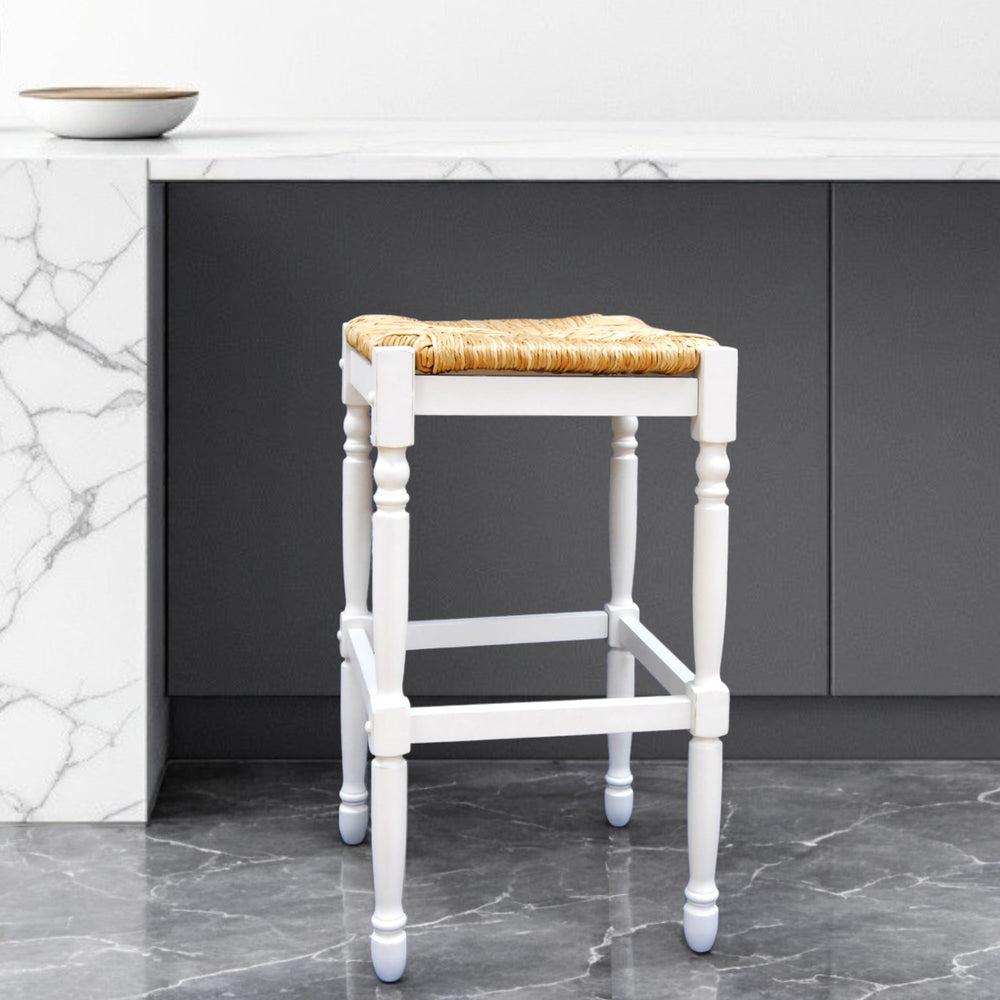 Homeroots 29" Natural And Antiqued White Solid Wood Backless Bar Height Bar Chair   516145