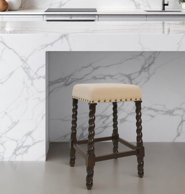 Homeroots 24" Cream And Espresso Solid Wood Backless Counter Height Bar Chair   516156