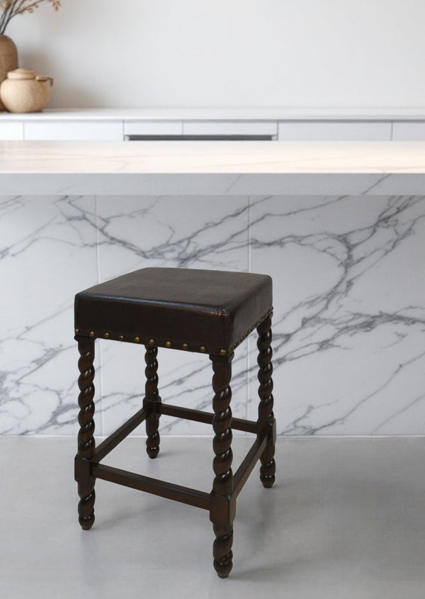 Homeroots 24" Black And Espresso Faux Leather And Solid Wood Backless Counter Height Bar Chair   516157