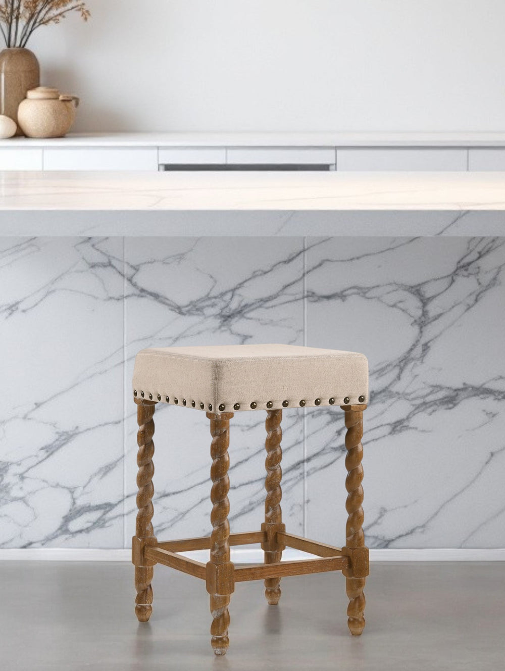 Homeroots 24" Cream And Natural Faux Leather And Solid Wood Backless Counter Height Bar Chair   516158