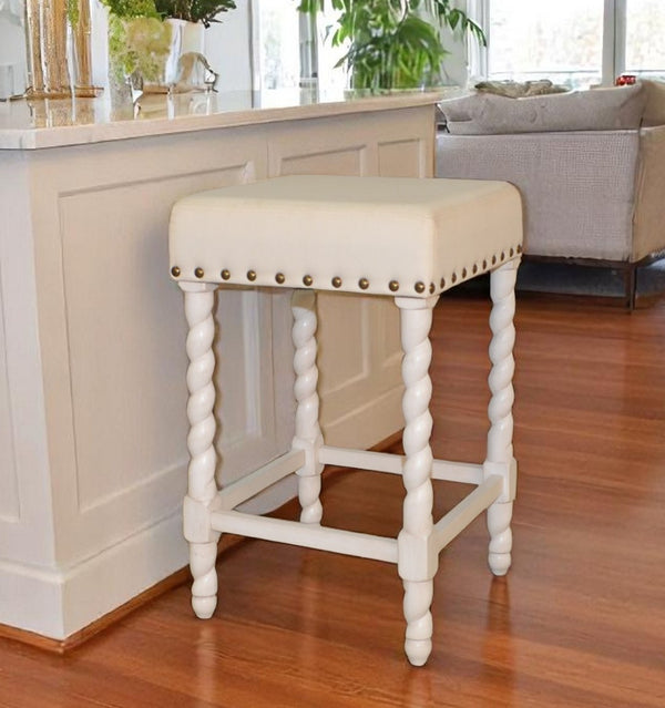 HomeRoots 24" Stylish Cream & White Solid Wood Backless Bar Chair for Cozy Kitchen & Counter Seating Comfort 516159