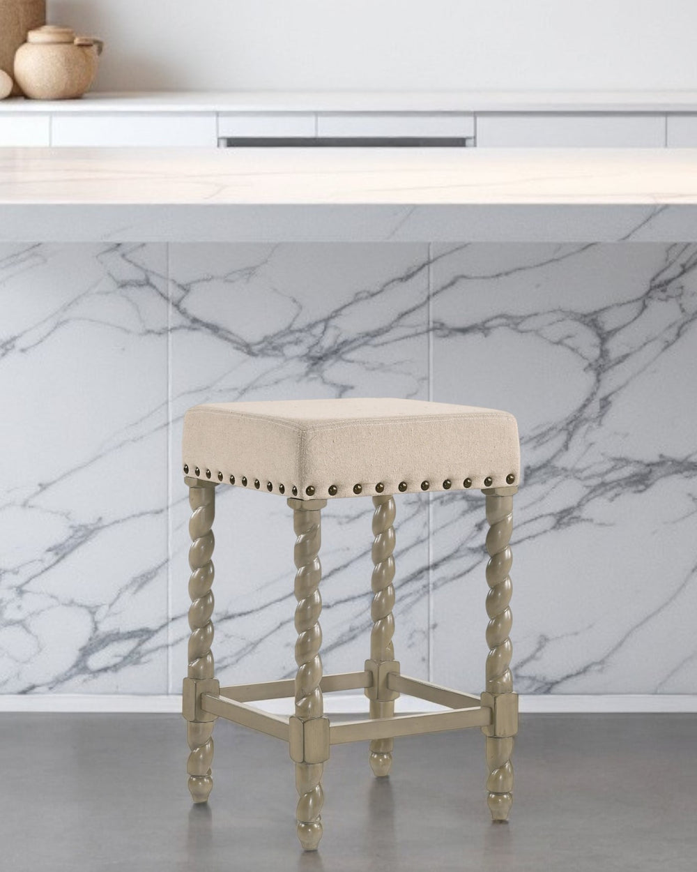 Homeroots 24" Cream And Gray Solid Wood Backless Counter Height Bar Chair   516160