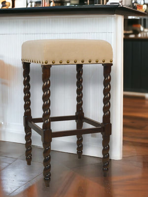 Homeroots 30" Cream And Espresso Solid Wood Backless Bar Height Bar Chair   516161