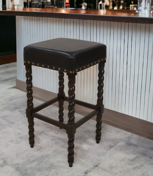 Homeroots 30" Black And Espresso Faux Leather And Solid Wood Backless Bar Height Bar Chair   516162