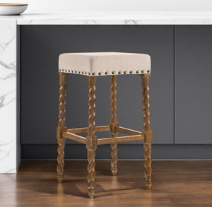 Homeroots 30" Cream And Natural Solid Wood Backless Bar Height Bar Chair   516163