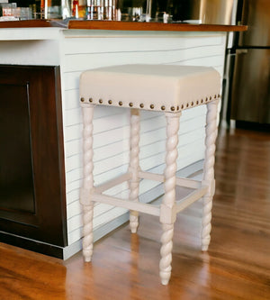 Homeroots 30" Cream And Vanilla Linen Upholstered Solid Wood Backless Bar Chair   516164