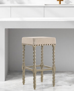 Homeroots 30" Cream And Gray Solid Wood Backless Bar Height Bar Chair   516165