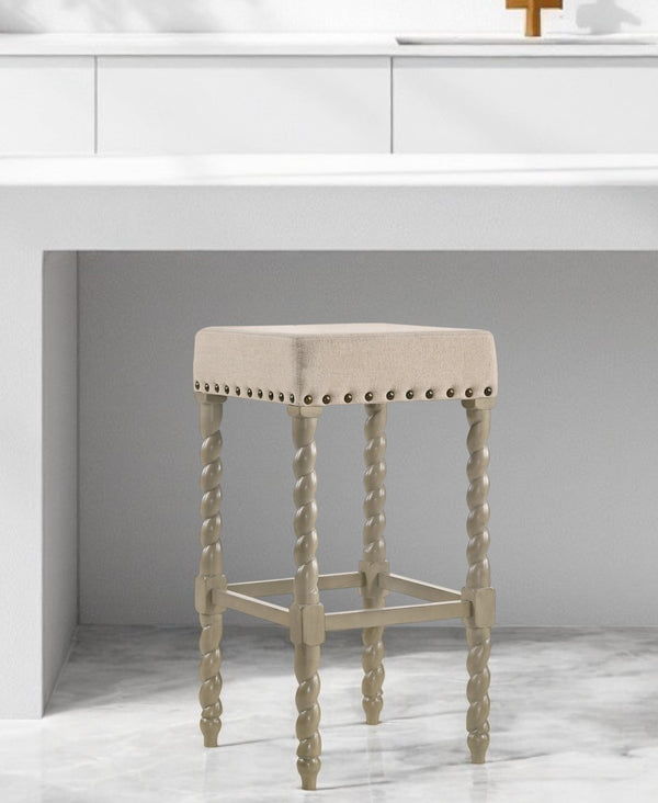 Homeroots 30" Cream And Gray Solid Wood Backless Bar Height Bar Chair   516165