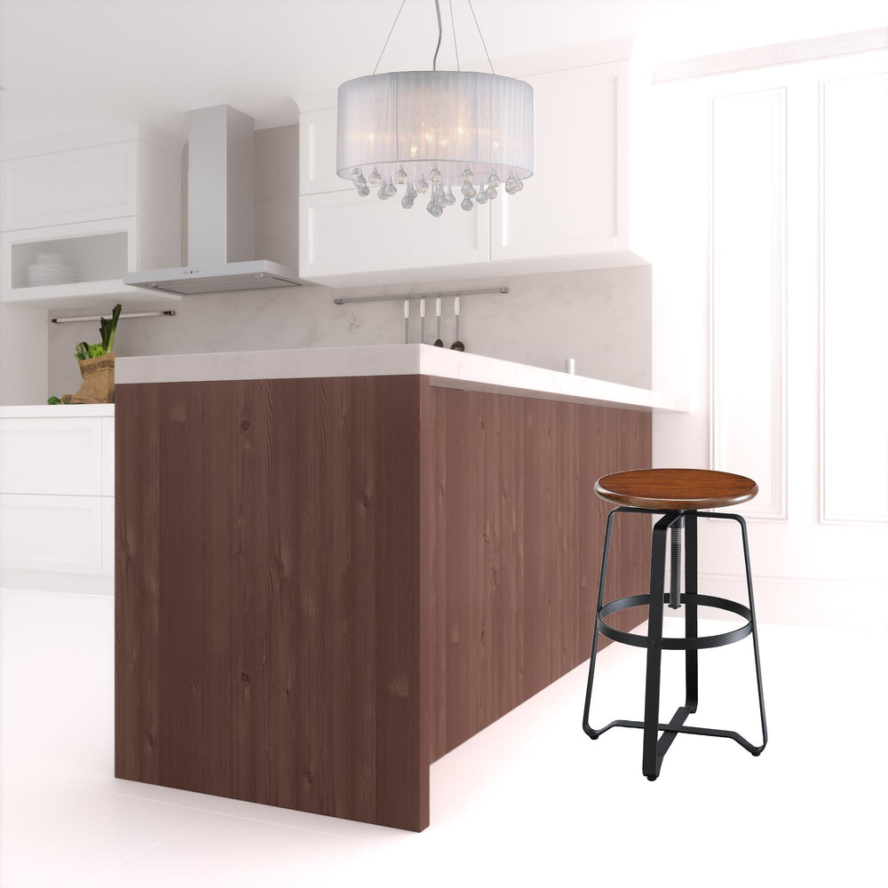 Homeroots 24" Chestnut And Black Steel Swivel Backless Counter Height Bar Chair   516176