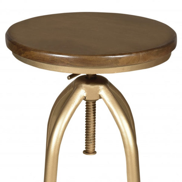 Homeroots 23" Brown And Gold Steel Swivel Backless Adjustable Height Bar Chair   516178