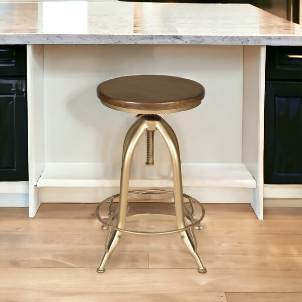 Homeroots 23" Brown And Gold Steel Swivel Backless Adjustable Height Bar Chair   516178